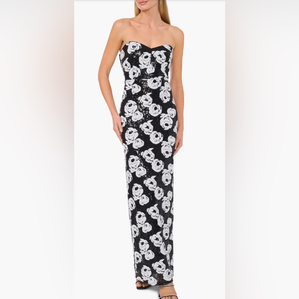 CeCe Black and White Sequin Strapless Maxi Dress